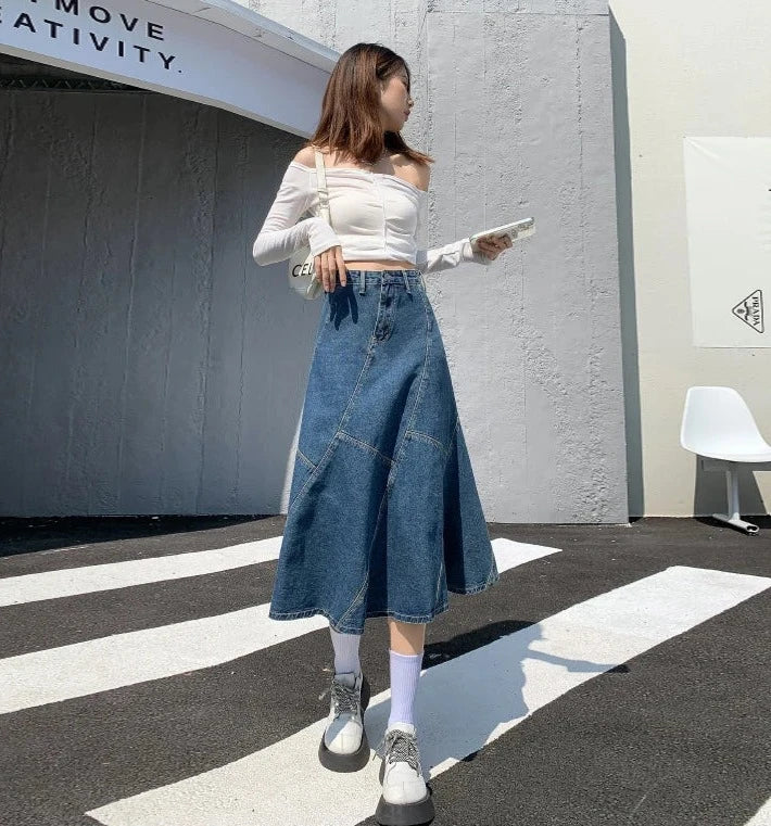 denim trumpet skirts