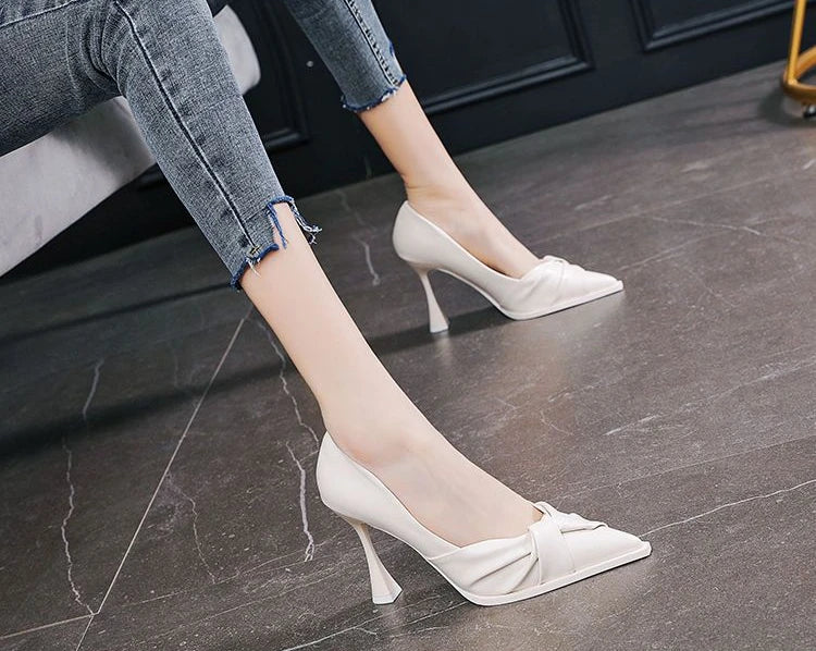 leather casual pointed toe high heels