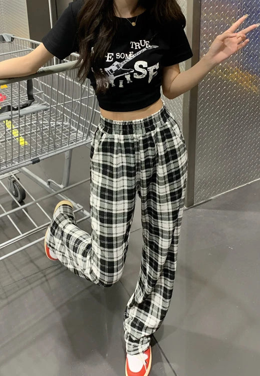 retro black plaid loose pants