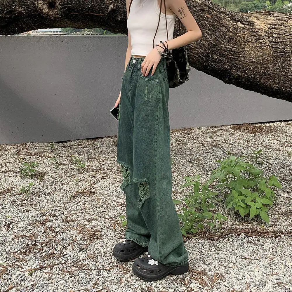 dark green ripped wide leg jeans