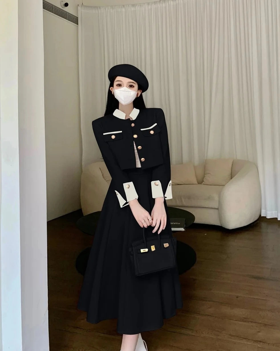 high quality two piece set short jacket coat + long skirt suits