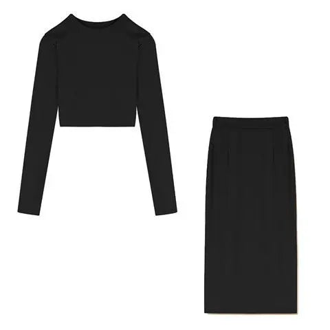 o-neck & high waist midi skirts set