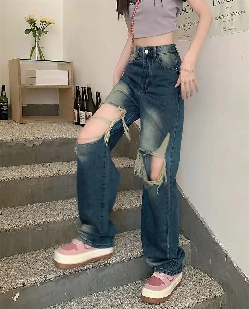 holes ripped vintage wide jeans