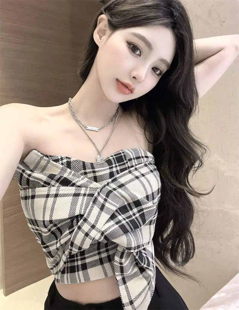 strapless plaid backless crop tops