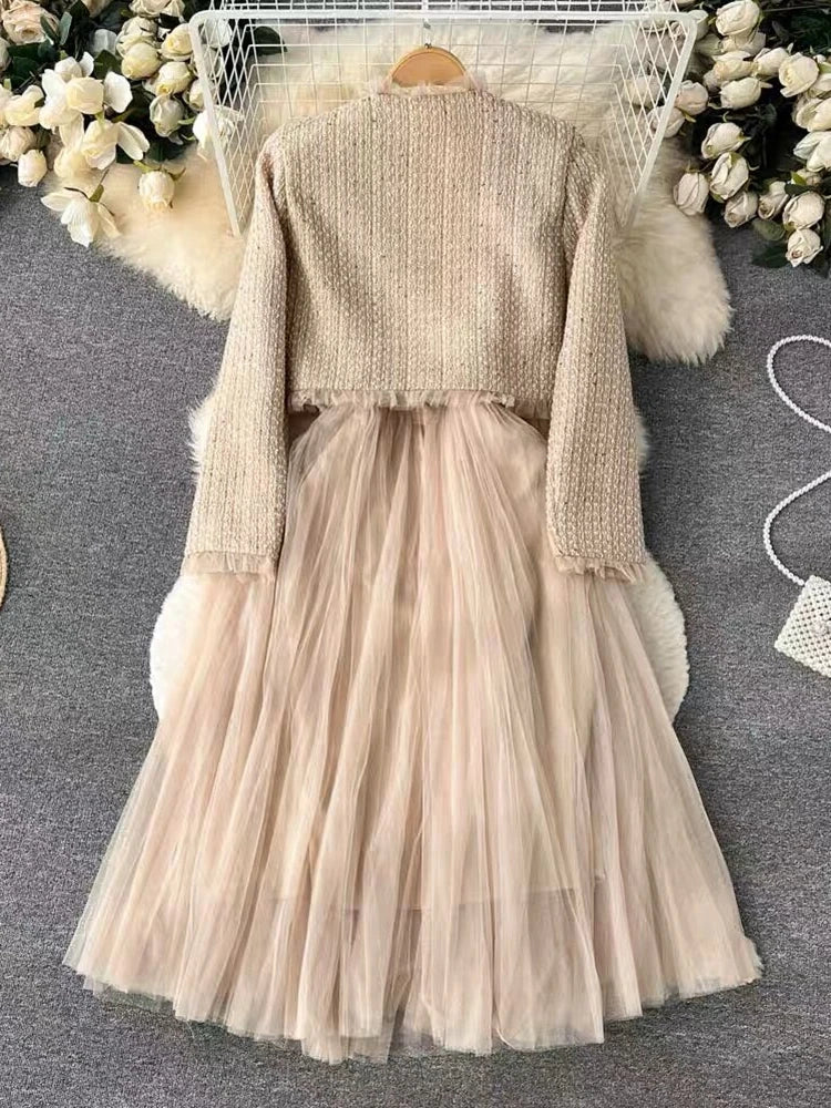 high quality french style luxury short jacket coat + sling sexy long dress suits