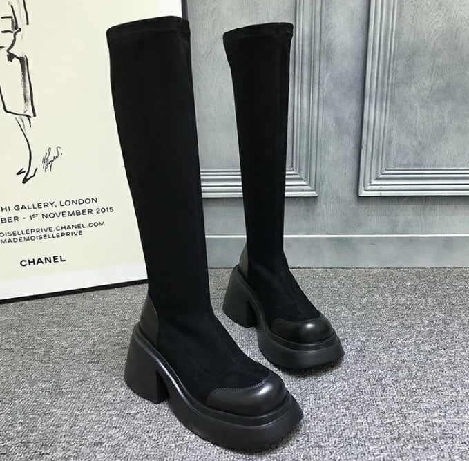 high knee shaft black long boots