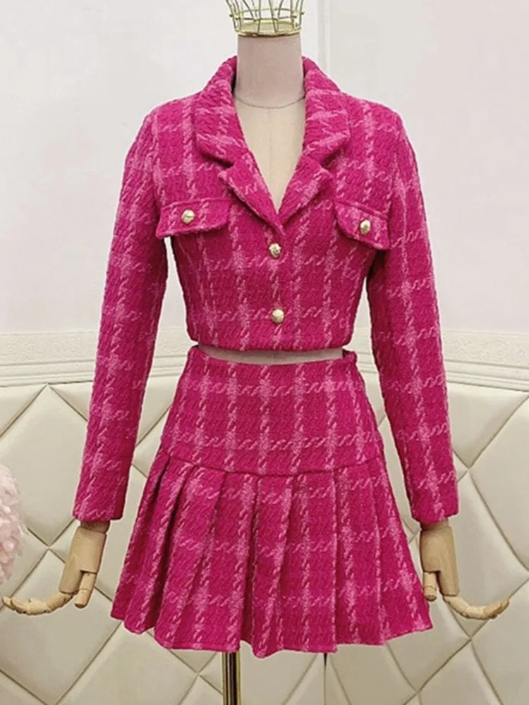 tweed crop top woolen short jacket coat + mini skirts sets