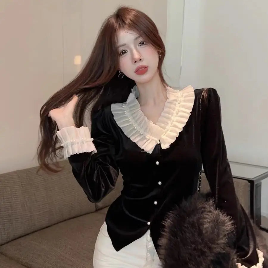 velour ruffles blouses