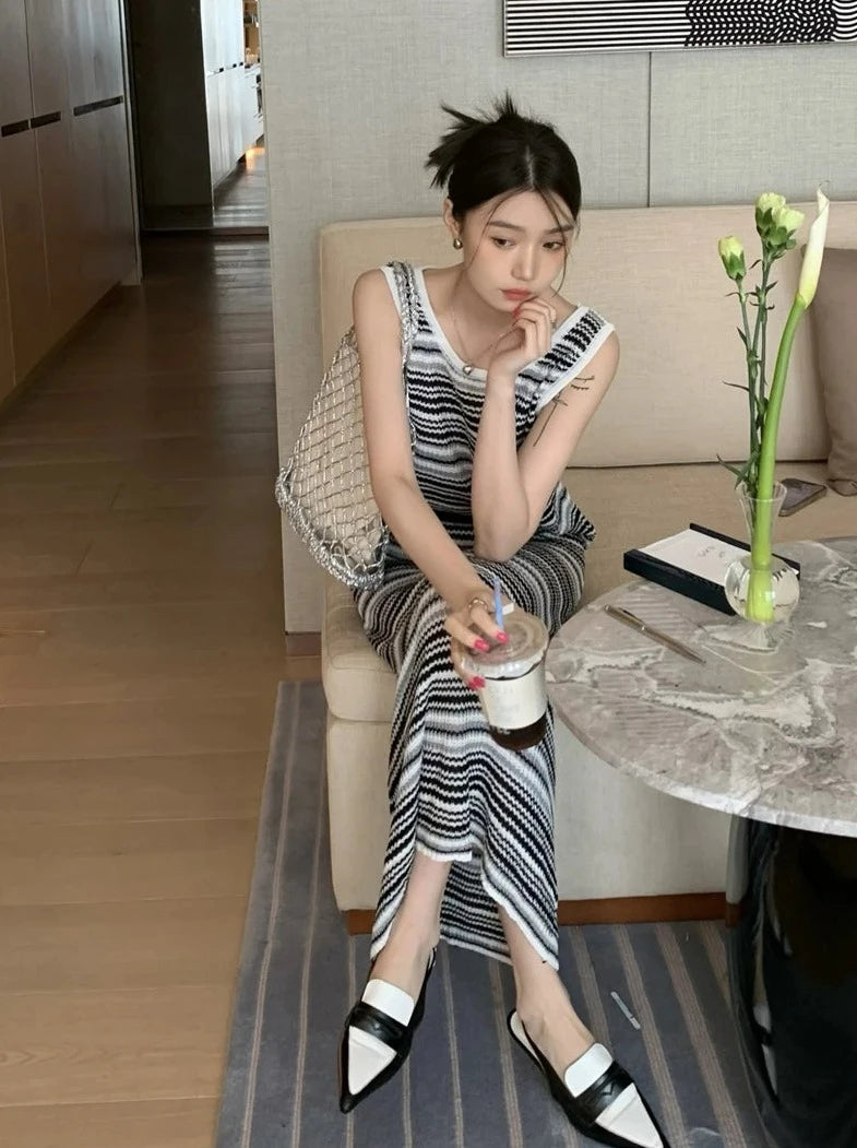 black white gray striped tank top + elastic waist long skirts