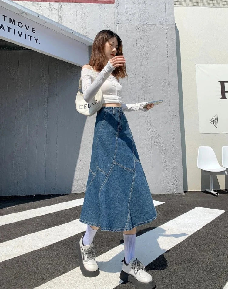 denim trumpet skirts