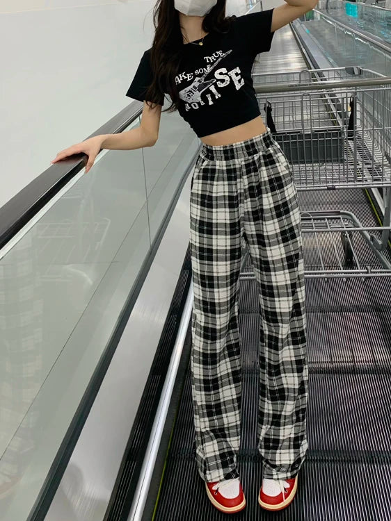 retro black plaid loose pants