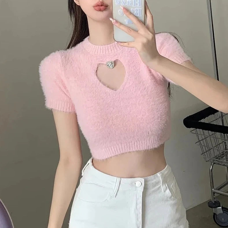 cashmere short sleeve knitted crop tops