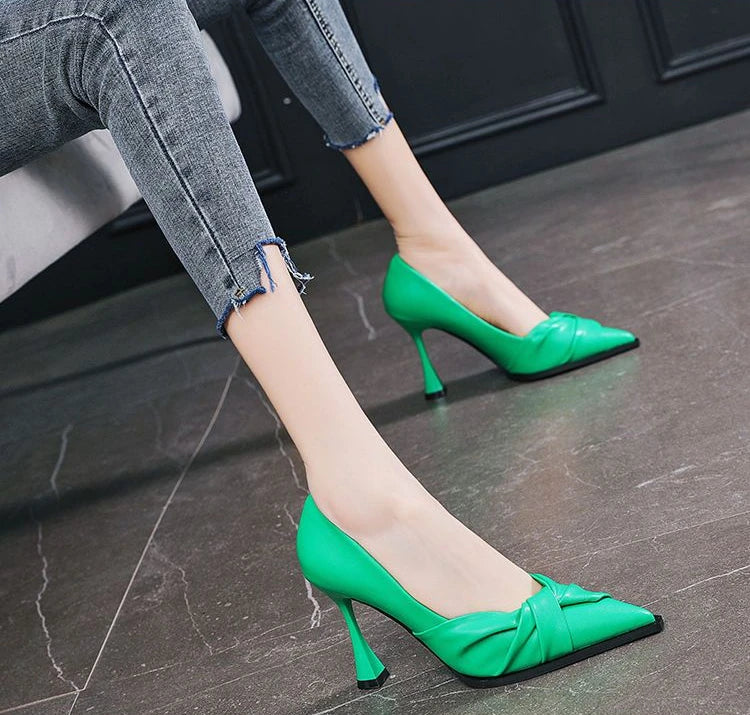 leather casual pointed toe high heels