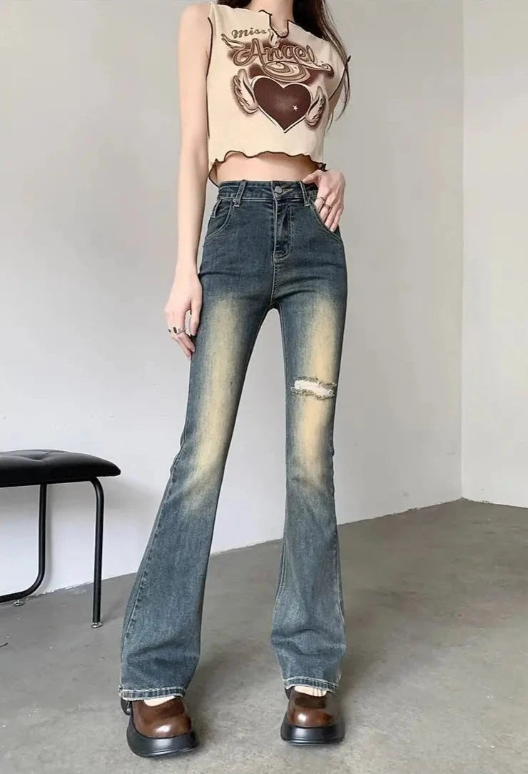 bleached holes flare jeans