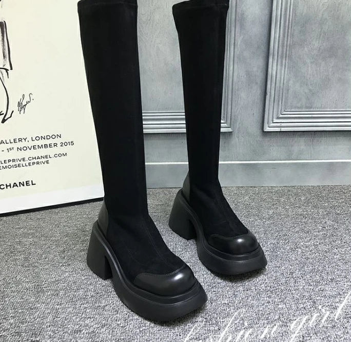 high knee shaft black long boots