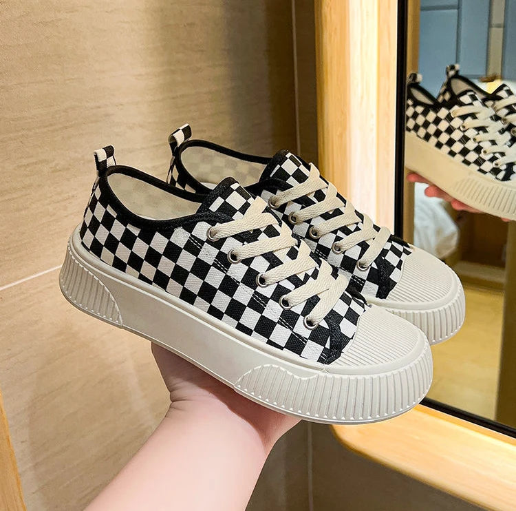 black plaid low canvas sneakers