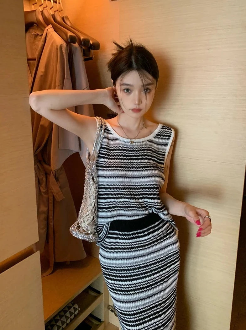 black white gray striped tank top + elastic waist long skirts