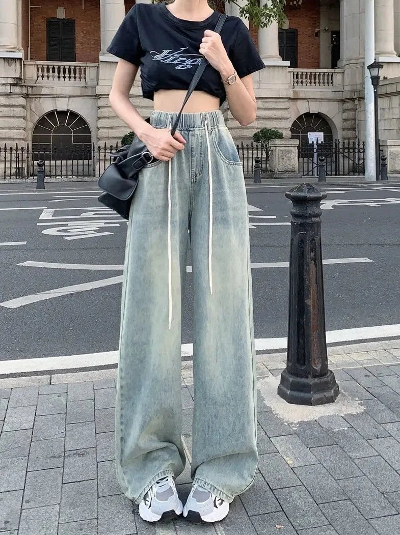 drawstring washed wide leg  jeans