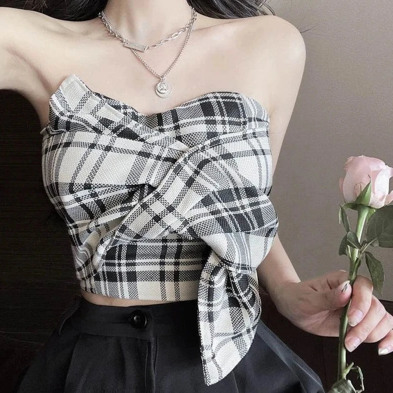 strapless plaid backless crop tops