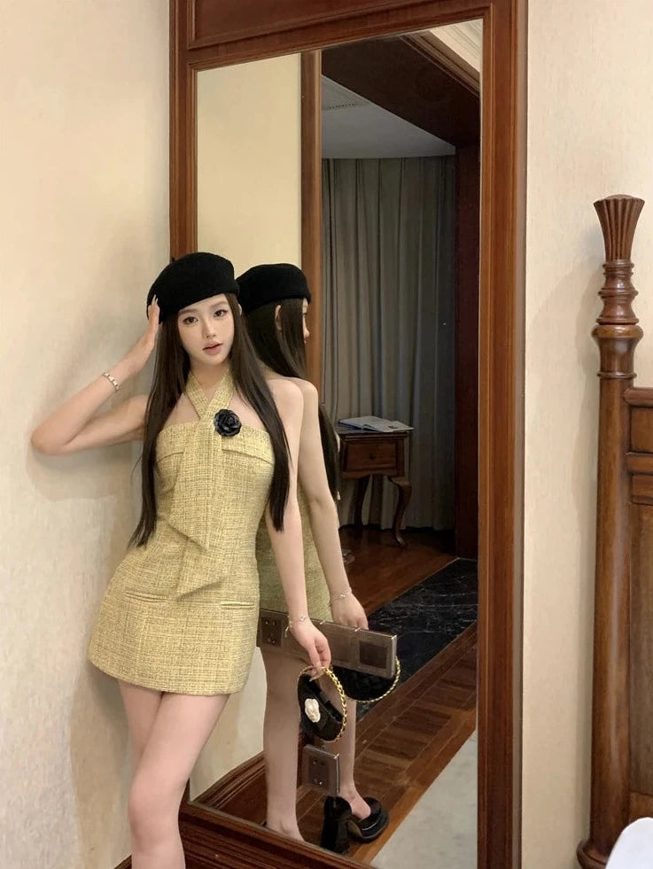 high quality hanging neck tweed mini dresses