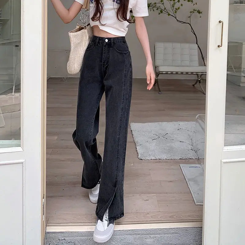 side slit design black wide leg jeans