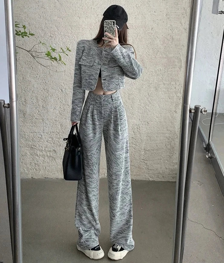 small fragrance tweed  short jacket coat + high waist wide leg pant sets suits