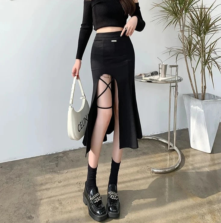 irregular side-slit bandage midi skirts