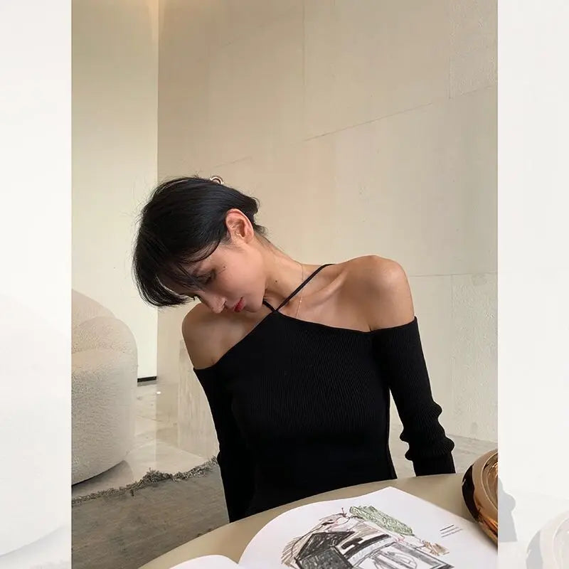 off shoulder neck knit vests