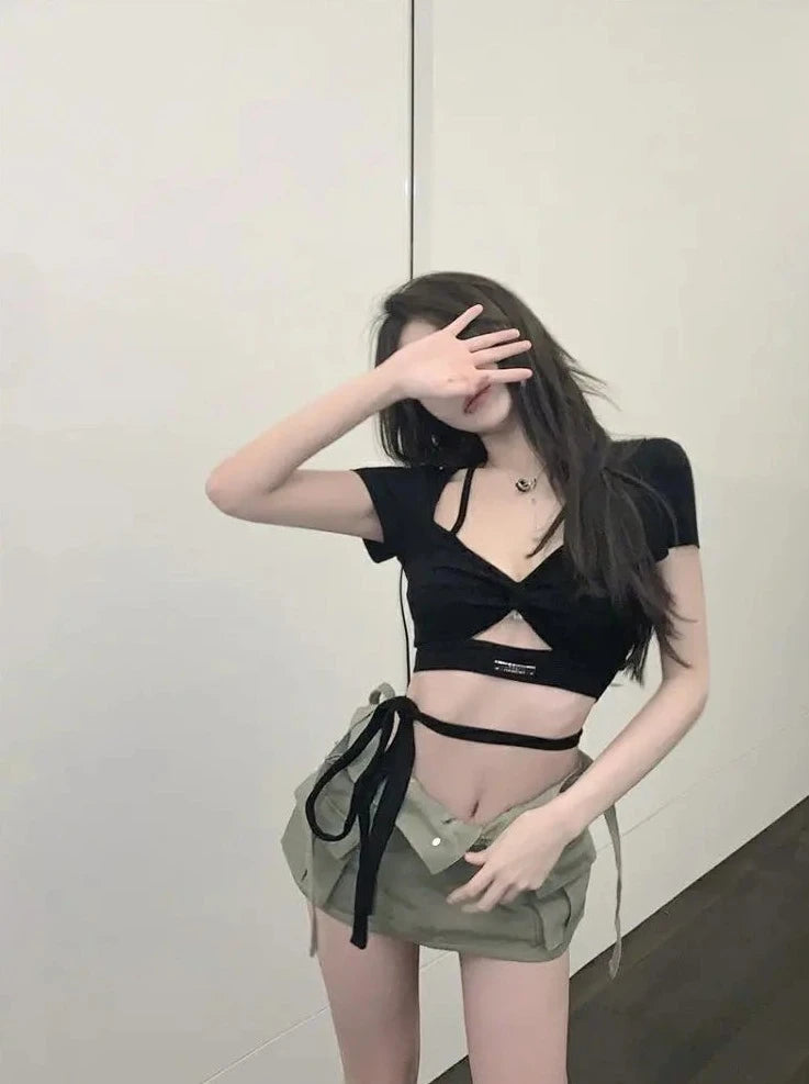 sexy hollow out bandage crop tops