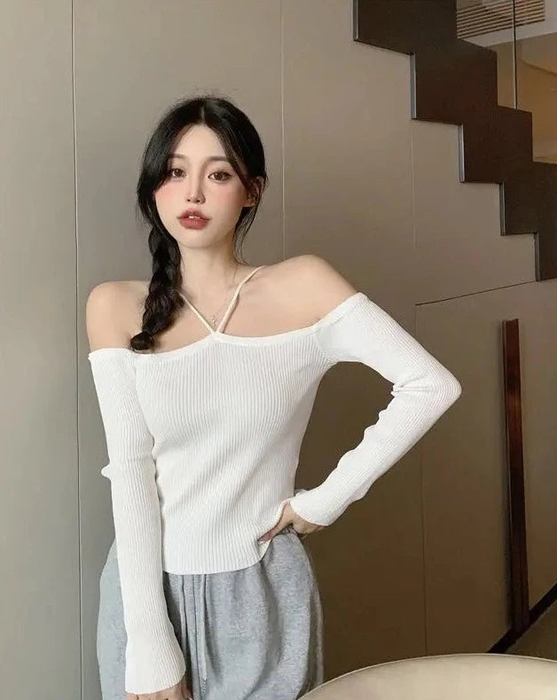 off shoulder neck knit vests