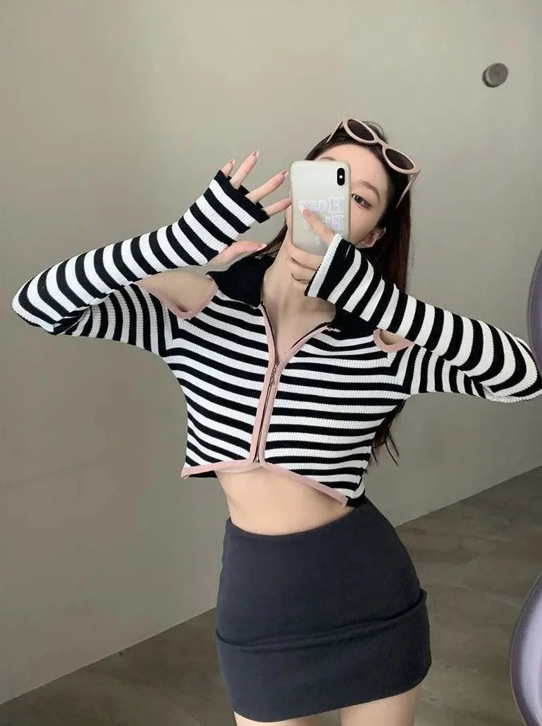 off-shoulder striped crop top cardigans