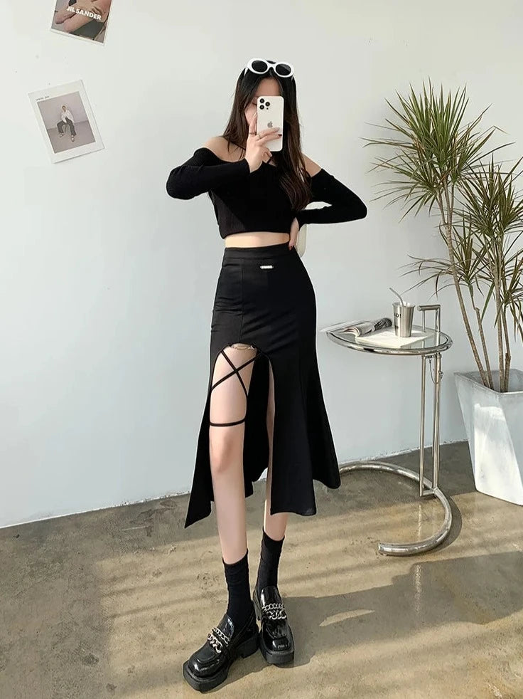 irregular side-slit bandage midi skirts