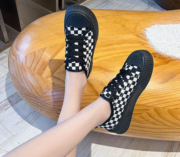 black plaid low canvas sneakers