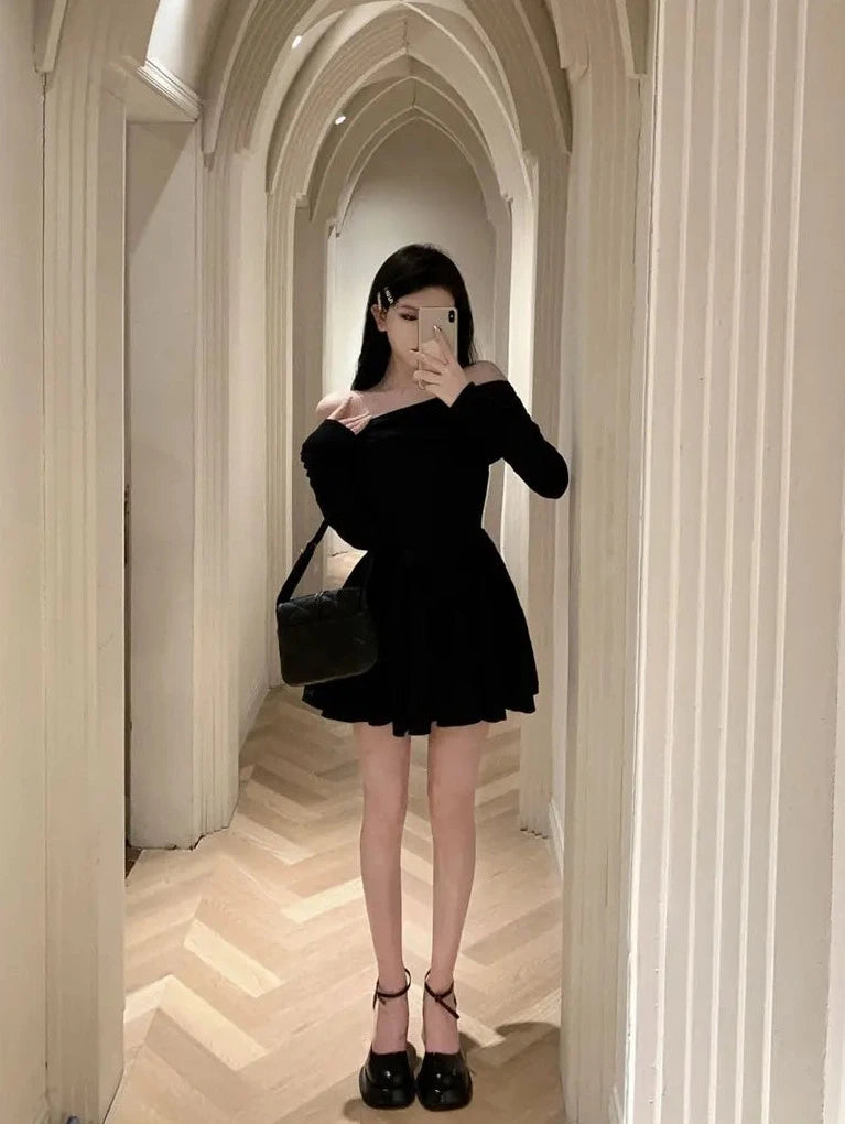 temperament slash neck black dresses