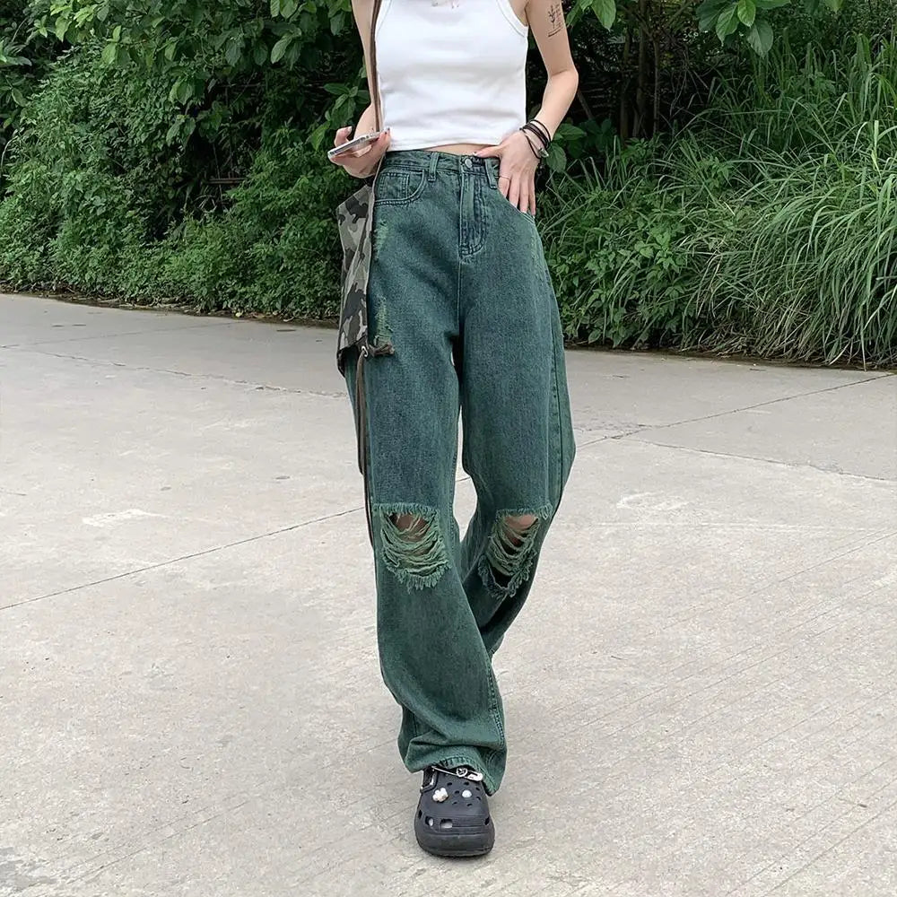 dark green ripped wide leg jeans