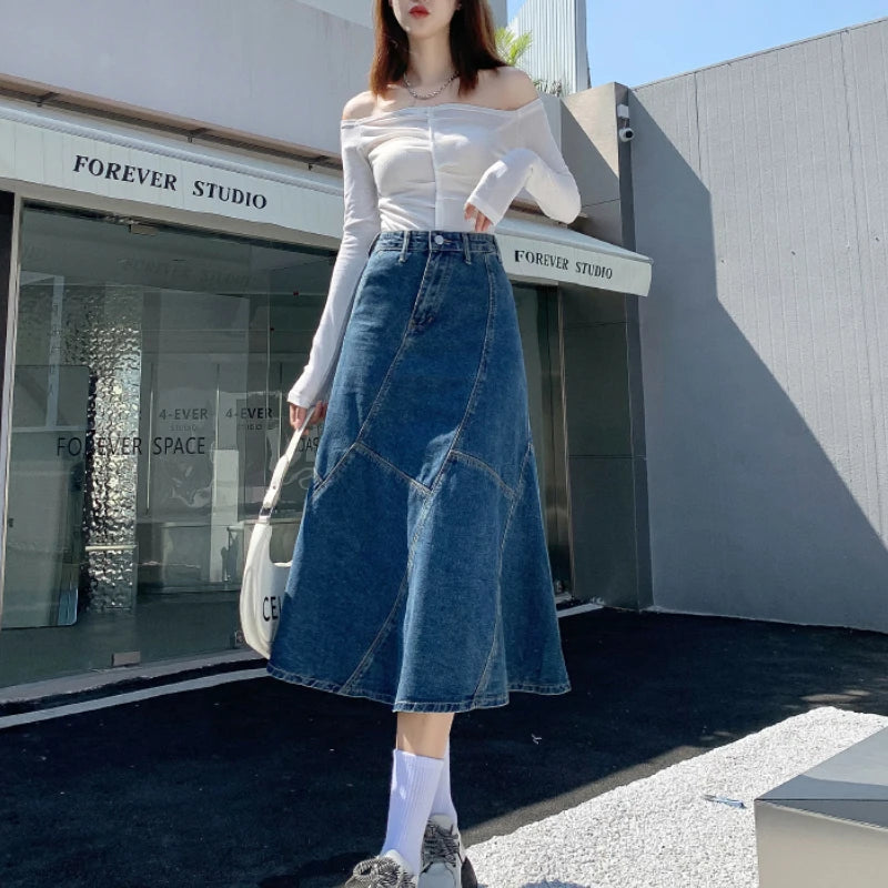 denim trumpet skirts