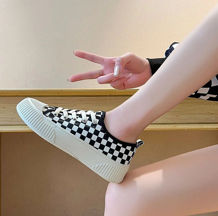 black plaid low canvas sneakers