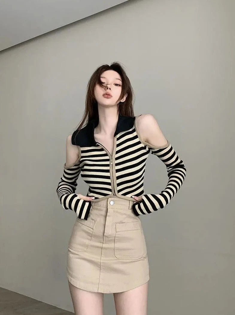 off-shoulder striped crop top cardigans