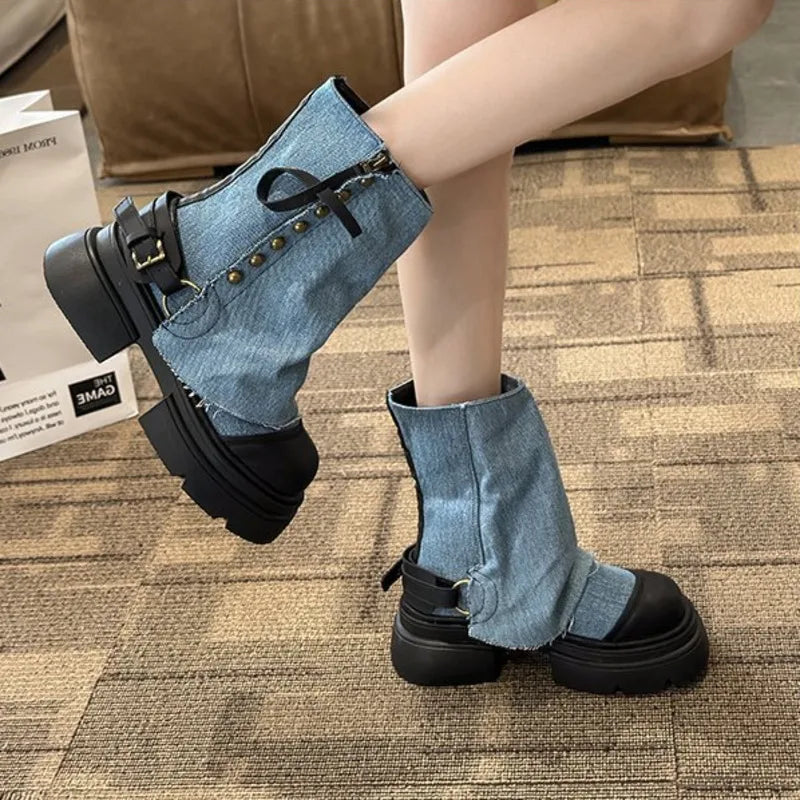 punk denim patchwork low-top boots