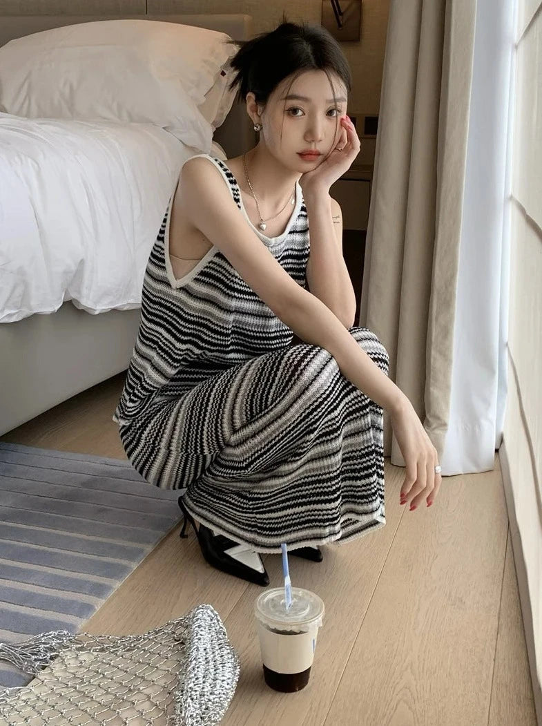 black white gray striped tank top + elastic waist long skirts