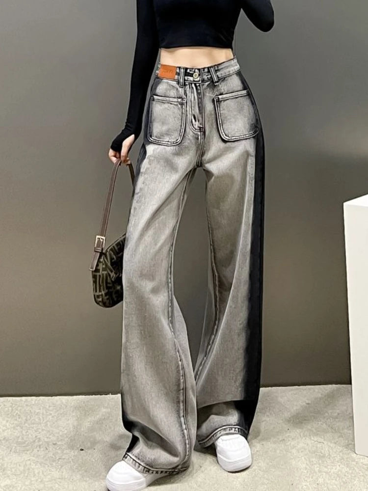 gray-black side stripe jeans