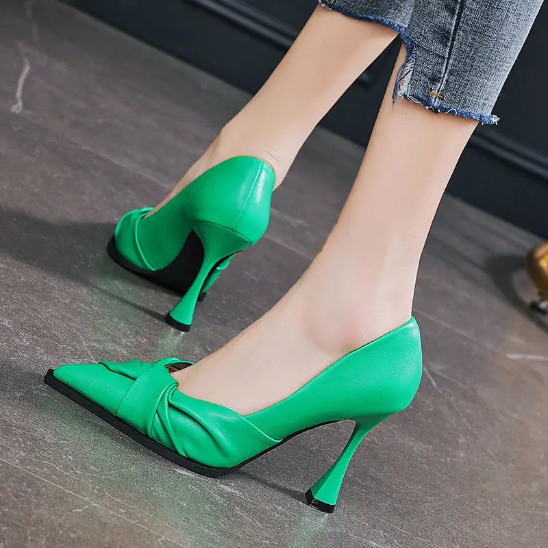 leather casual pointed toe high heels