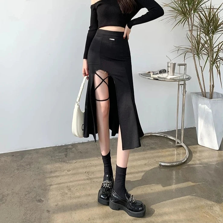 irregular side-slit bandage midi skirts