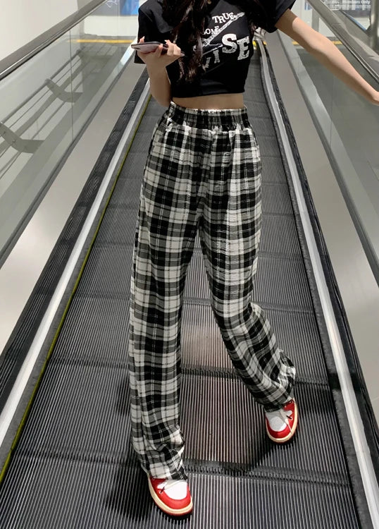 retro black plaid loose pants