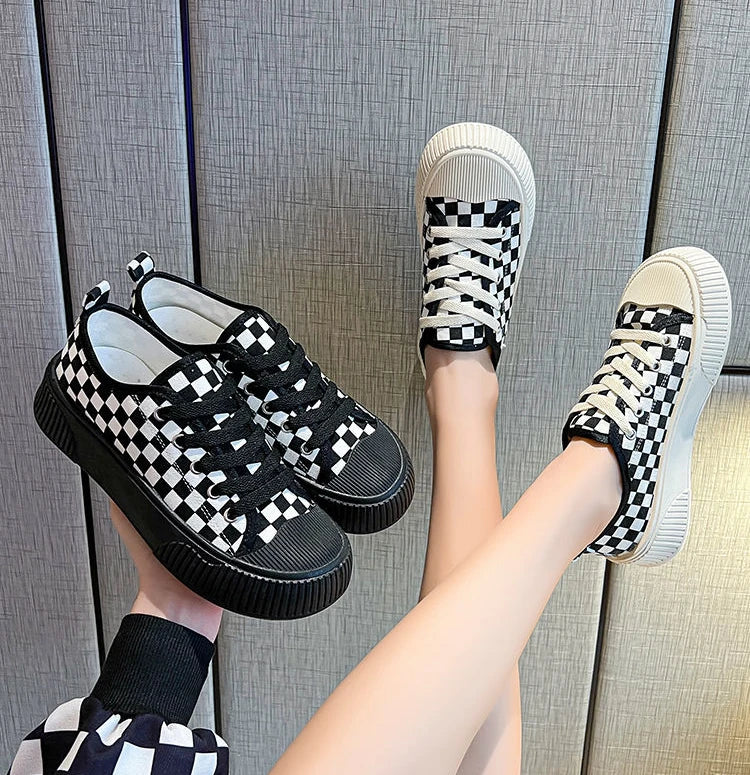 black plaid low canvas sneakers