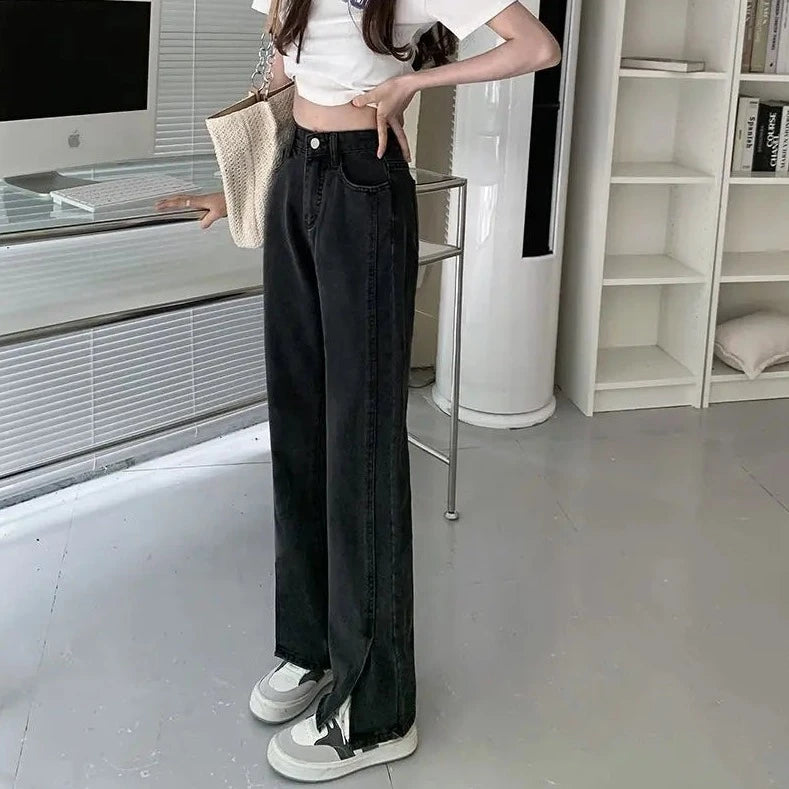 side slit design black wide leg jeans