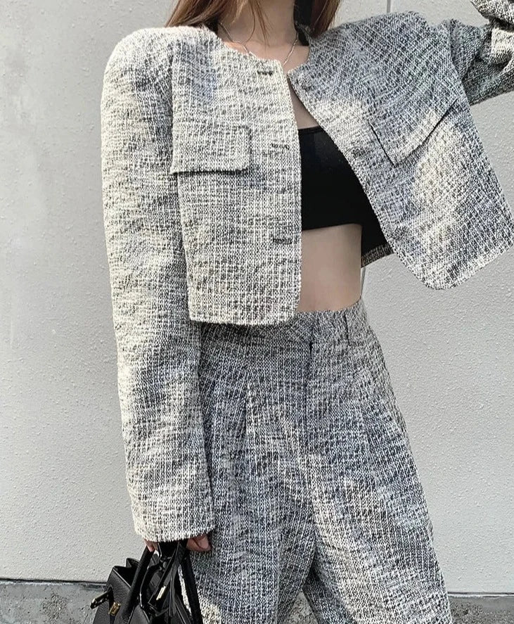 small fragrance tweed  short jacket coat + high waist wide leg pant sets suits