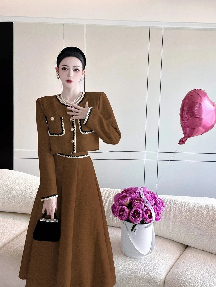 puff sleeve shirt crop top + pleated long skirt suits