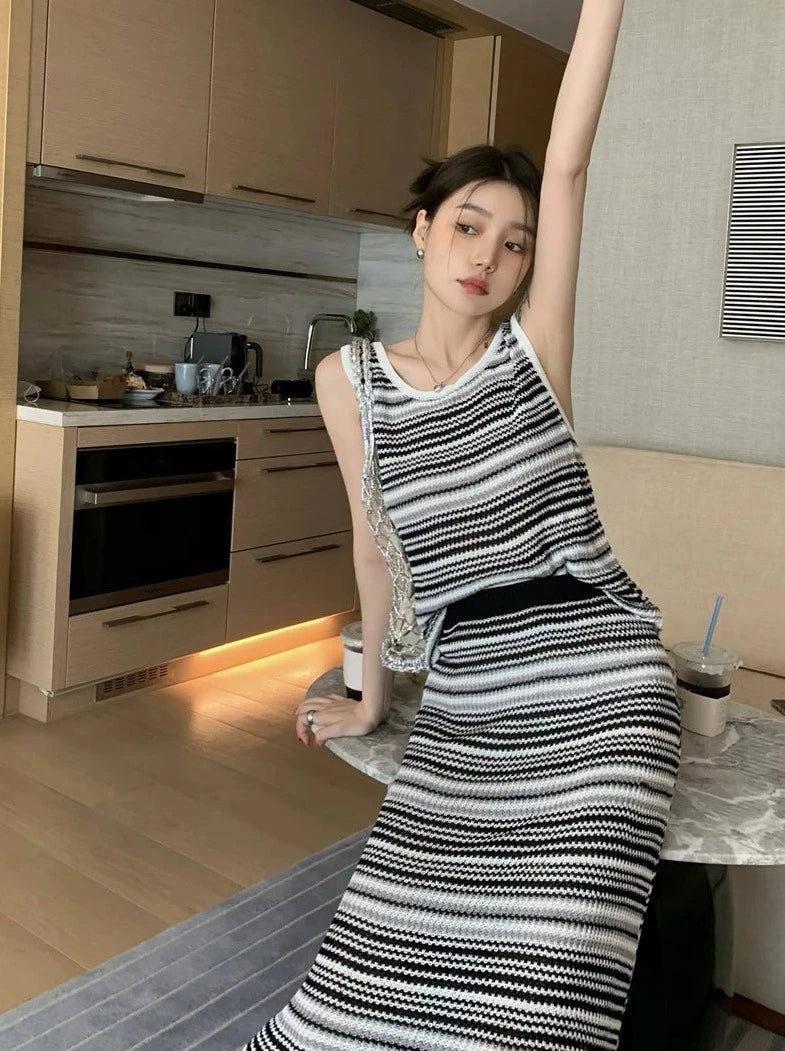 black white gray striped tank top + elastic waist long skirts