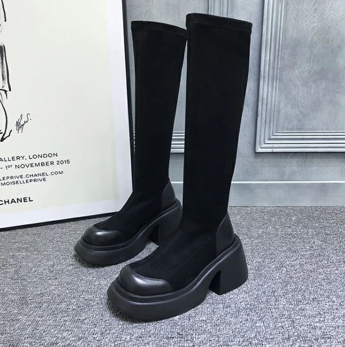 high knee shaft black long boots